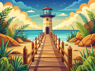 vector of The lighthouse at the entrance to the sea is full of plants and long reeds and wooden fences that show the way to the sea.