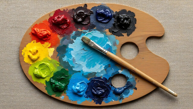 Vibrant Artist's Palette: A Colorful Spectrum of Paints and Brush - Powered by Adobe