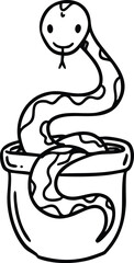Obraz premium Snake emerging from small pot simple black line art vector drawing illustration