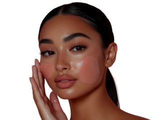 Young woman applying skincare treatment with gel patches on her cheeks, glowing complexion, beauty and wellness concept, self-care routine
