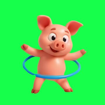 Playful piglet hula hooping joyfully animation, transparent 4K video, green screen