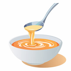 A ladle pouring hot soup into a bowl
