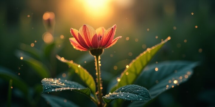 Close-up of a red flower with dew drops and green leaves glowing in warm sunlight, capturing natural beauty, freshness, and tranquil ambiance with soft bokeh and atmospheric particles.