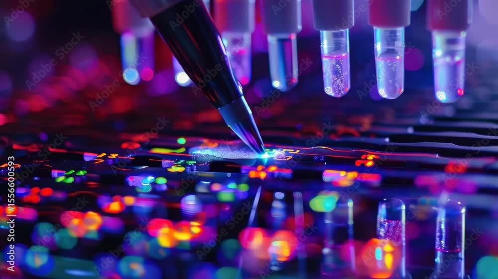 Poster Creating vibrant digital art with colorful glowing inks on a high-tech surface at night
