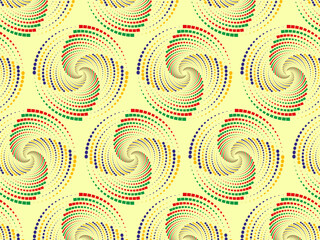 Abstract Retro Circular Design. Psychedelic Spiral Pattern with Dots and Squares. Colorful seamless pattern with swirling spirals of red green yellow blue dots and squares on a yellow background