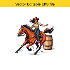Fototapeta premium Barrel Racing Illustration: A Cowgirl Riding a Horse Around a Barrel in an Exciting Rodeo Competition
