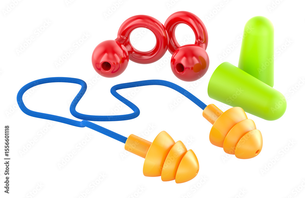 Fototapete Set of colorful earplugs different shapes. Red ring-shaped, green cylindrical and orange corded, representing noise reduction and hearing protection, 3d rendering isolated on transparent background