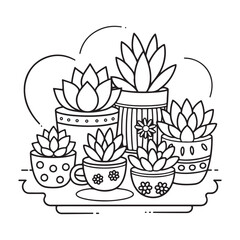 Miniature Fairy Cottage in a Teacup Planter – Bold Line Garden Coloring Page, Black & White Designs, Victor Illustration, Line Art, Miniature Garden Bold & Easy Coloring Book.