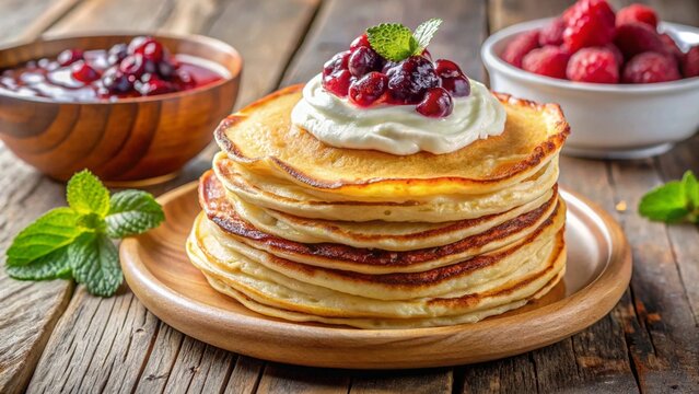 Russian oladyi fluffy pancakes with sour cream and berry preserves.