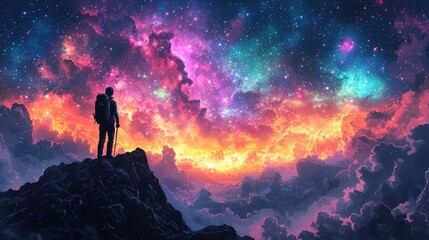 Fototapeta premium A solitary figure stands atop a mountain, gazing at a vibrant, star-filled sky.