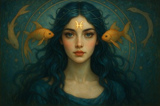 Mystical woman with flowing blue hair and goldfish in a celestial setting reflecting traits of the Pisces zodiac sign