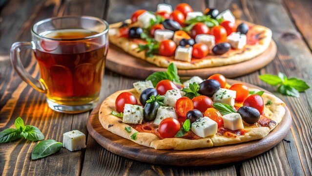 Iraqi khubz with feta, olives, tomatoes, and black tea in a glass.