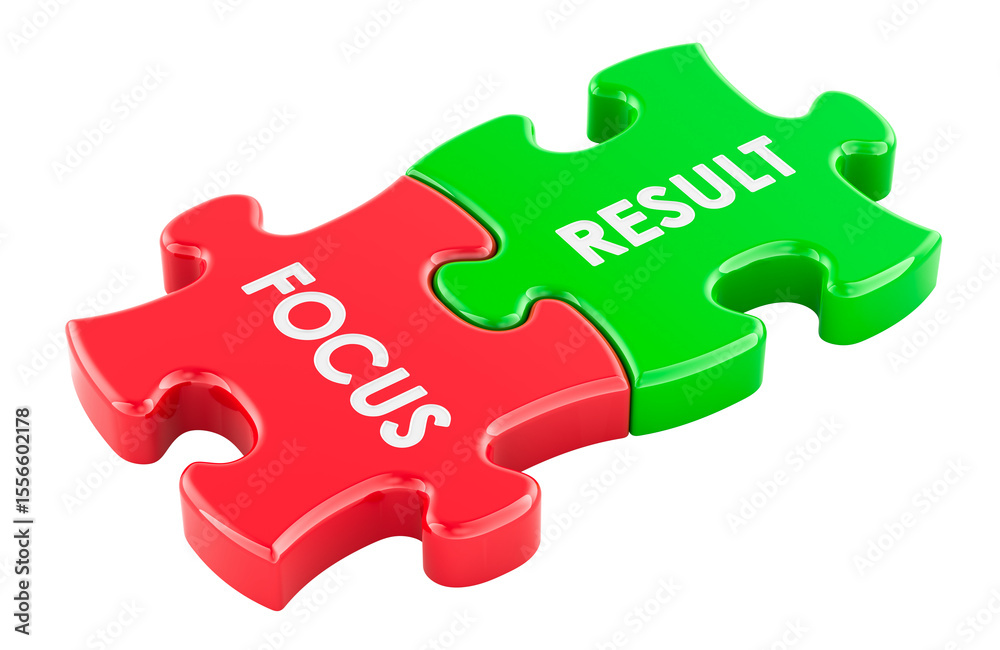 Poster focus and result puzzle pieces, productivity connection concept. 3d rendering isolated on transparen