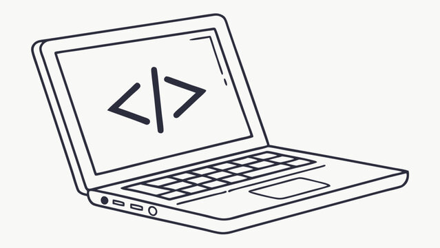 Handdrawn illustration of a laptop with code tags.