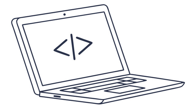Simple Line Drawing of a Laptop with Code.
