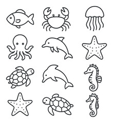 Sea creatures icons set – outline, marine and aquatic animal design elements