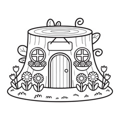Miniature Fairy Cottage in a Teacup Planter – Bold Line Garden Coloring Page, Black & White Designs, Victor Illustration, Line Art, Miniature Garden Bold & Easy Coloring Book, 