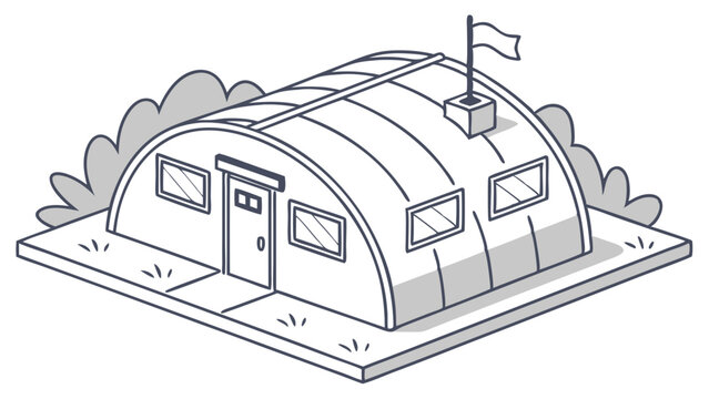 Isometric Quonset Hut Illustration with Flag and Bushes.