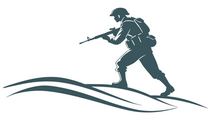 Obraz premium Silhouetted Soldier Advancing Across Undulating Terrain.