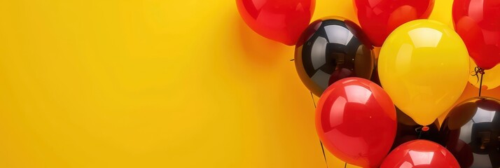 Belgian national day celebration with red, yellow, and black balloons on a vibrant yellow background. Horizontal banner. Copy space. Red, yellow, black balloons on a yellow background