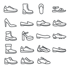 Diverse footwear icons set – line style, shoes and footwear symbols for design