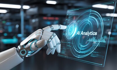 AI Analytics Robotic Hand Interacting with Futuristic Interface