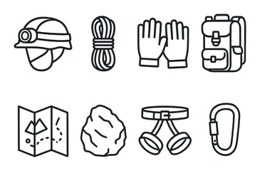 Caving equipment icons set - line, exploration and adventure gear symbols