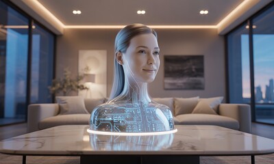 AI Female Bust Hologram on Modern Coffee Table in Luxury Living Room
