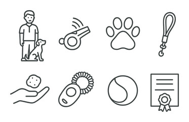 Dog training icons set – outline, pet obedience and puppy behavior symbols