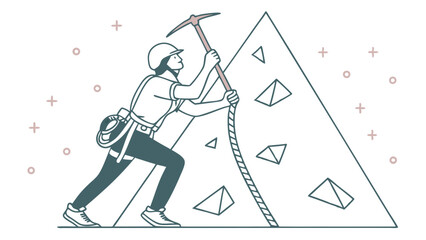 Determined Climber Pulling Rope on Rocky Mountain.