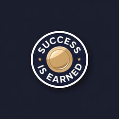 Success is Earned&mdash;gold medal icon, rich navy blue and gold combo, premium look, with thick white sticker-style outline around the design, solid black background, high contrast, centered composition