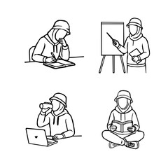 Hijab Woman Daily Activity Outline Vector Set. A collection of hijabi women in daily activities. Set of Muslim women wearing hijab doing productive tasks. set of hijab women in various poses. 