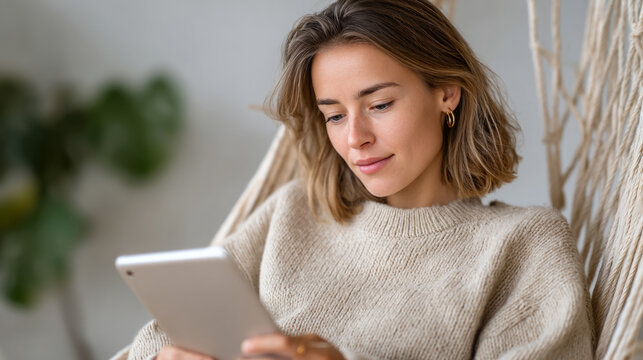 Modern woman relaxing and browsing on tablet in cozy environment