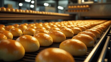Bread-making factory conveyor belt lined with perfectly baked golden buns