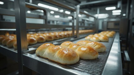 Photorealistic bakery production line with freshly baked bread rolls
