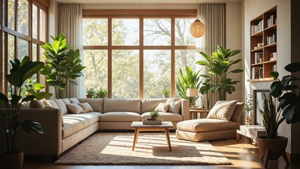 Cozy living room with sunlight streaming through large windows and indoor plants