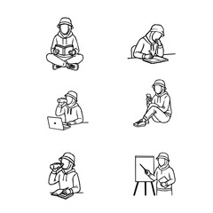 Hijab Woman Daily Activity Outline Vector Set. A collection of hijabi women in daily activities. Set of Muslim women wearing hijab doing productive tasks. set of hijab women in various poses. 