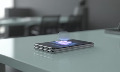 Foldable Phone with Holographic Interface on Desk