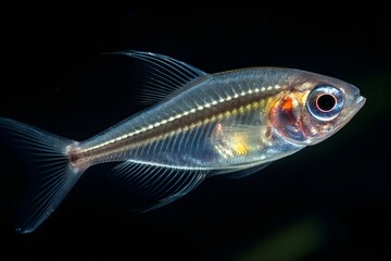 Close up of a transparent glass catfish with visible skeleton and organs against black background