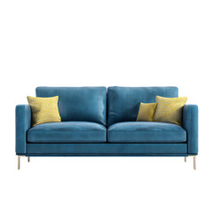 Fototapeta premium Modern teal blue fabric sofa with contrasting yellow throw pillows offers comfortable seating isolated on a clean transparent background for.