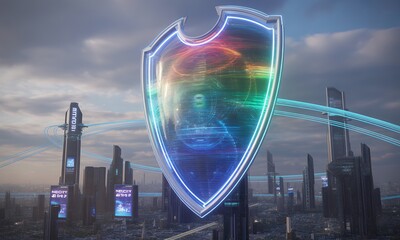Futuristic Cityscape with Holographic Shield Cybersecurity Concept