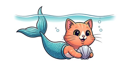 Fototapeta premium Cartoon mermaid cat swimming happily, holding a shell, smiling, isolated on white background. Fantasy sea character.