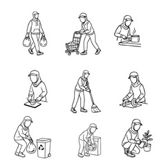 Hijab Woman Daily Activity Outline Vector Set. A collection of hijabi women in daily activities. Set of Muslim women wearing hijab doing productive tasks. set of hijab women in various poses. 