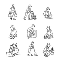 Hijab Woman Daily Activity Outline Vector Set. A collection of hijabi women in daily activities. Set of Muslim women wearing hijab doing productive tasks. set of hijab women in various poses. 