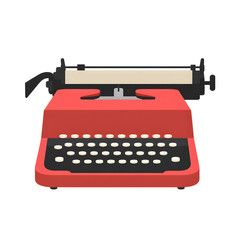 Flat vector illustration of a vintage typewriter, minimalist, bold red and black colors, isolated white background.