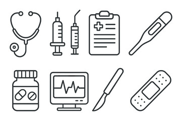 Medical tools icons set – outline, healthcare equipment and hospital symbols