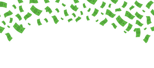 Vector illustration cartoon of green banknotes falling from the sky over a horizontal banner background, symbolizing wealth, finance or success