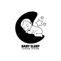 Vector illustration cartoon of a baby sleeping on a crescent moon in minimalist black and white logo style design