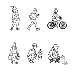 Hijab Woman Daily Activity Outline Vector Set. A collection of hijabi women in daily activities. Set of Muslim women wearing hijab doing productive tasks. set of hijab women in various poses. 