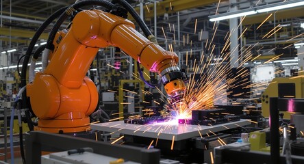 Industrial Robot Arm Welding with Sparks
